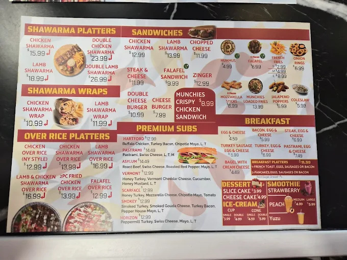 Munchies shawarma, sandwiches, platters, sides, desserts, and smoothie menu