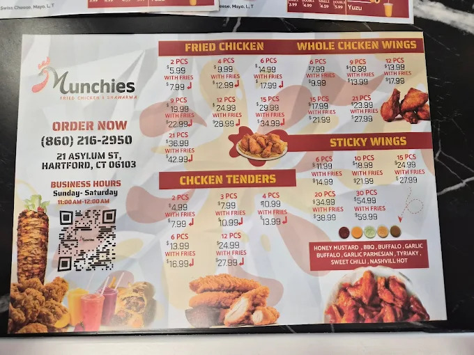 Munchies fried chicken, wings, tenders, sticky wings, and ordering information menu