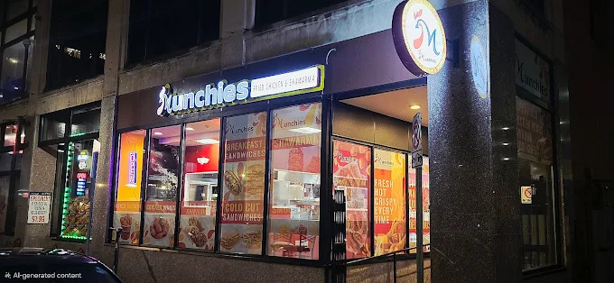 Munchies restaurant storefront at night on Asylum Street, Hartford — lit windows, signage, and fried chicken & shawarma